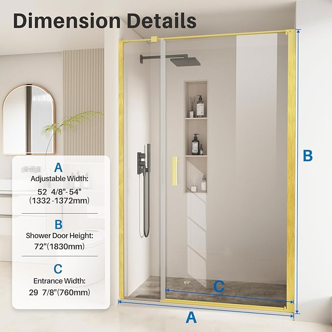 Bathbliss Framed Pivot Shower Door, Glass Shower Door in Brushed Gold, 52.5" to 54" W x 72" H, 5/16" Tempered Glass, Reversible Installation, Easy Setup