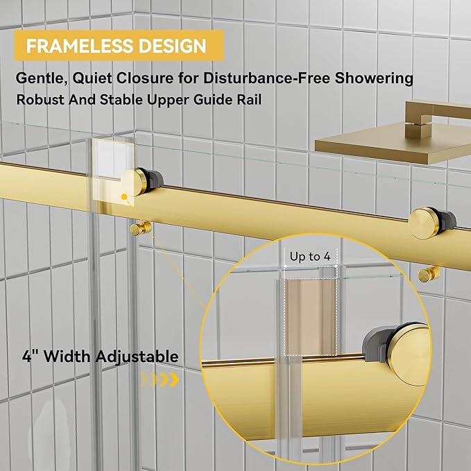 56"-60" W x 75" H Frameless Shower Door, Double Sliding Shower Door,5/16"(8mm) Clear Tempered Glass,Silent Soft-Close Design,Brushed Gold