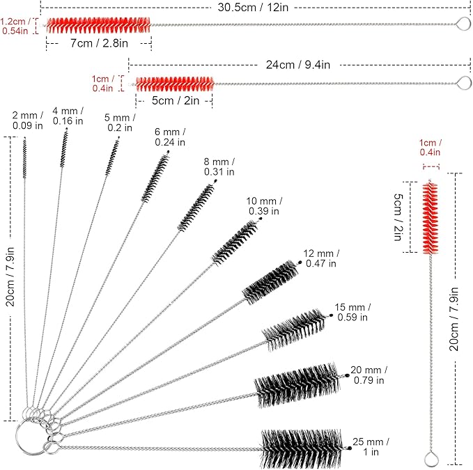 Reusable Straw Cleaning Brushes Bottle Test Tube Long Straw Cleaning Brush Nylon Washing Tool Reusable Bottle Brush in Different Size (Red-Black,16 Pieces)