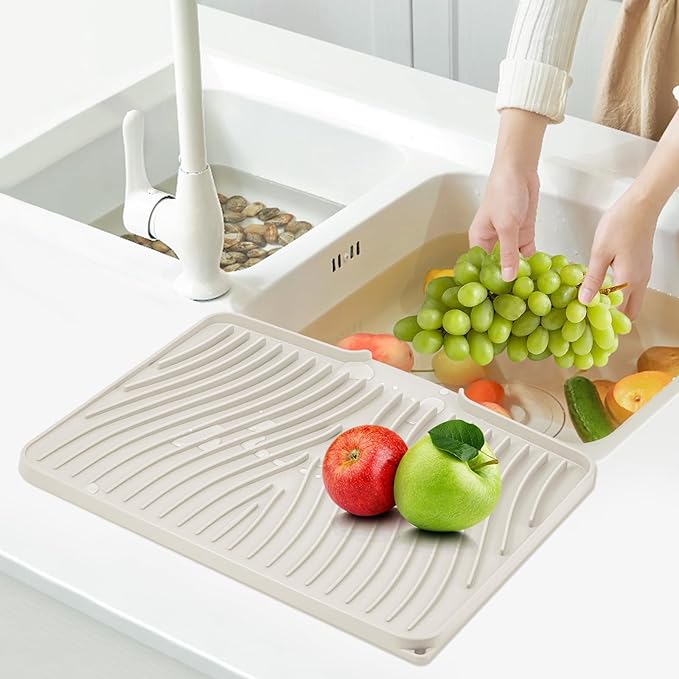Silicone Dish Drying Mat for Kitchen Counter, Dish Drying Pad, Non-Slip Drain Pad with Built-in Drain, Heat Resistant Stone Drying Mat(16" x 12", Cream)