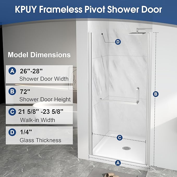 KPUY Pivot Shower Door, 26-28" W x 72" H Frameless Single Swing Glass Shower Door with Explosion-Proof Film Nano Coating, 1/4" (6mm) Thick Tempered Clear Glass, Brushed Nickel