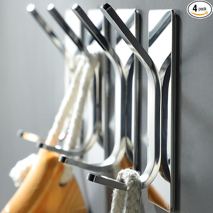 Taozun Polished Silver Towel Hooks 4pcs Stainless Steel Adhesive Hanging Hooks for Bathroom Stick on Wall Hooks for Home, Office, Kitchen