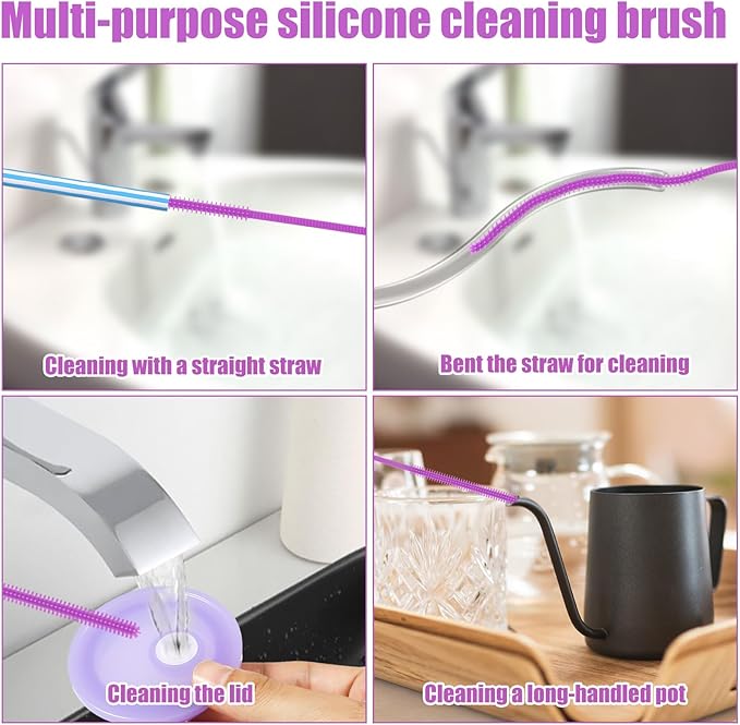 3pcs Silicone Straw Cleaner Brush Set, Reusable Extra Long Drinking Straw Cleaning Accessories Brush with 3mm 6mm 9mm Multi-Size Cleaning Tools for Stanley (Purple)