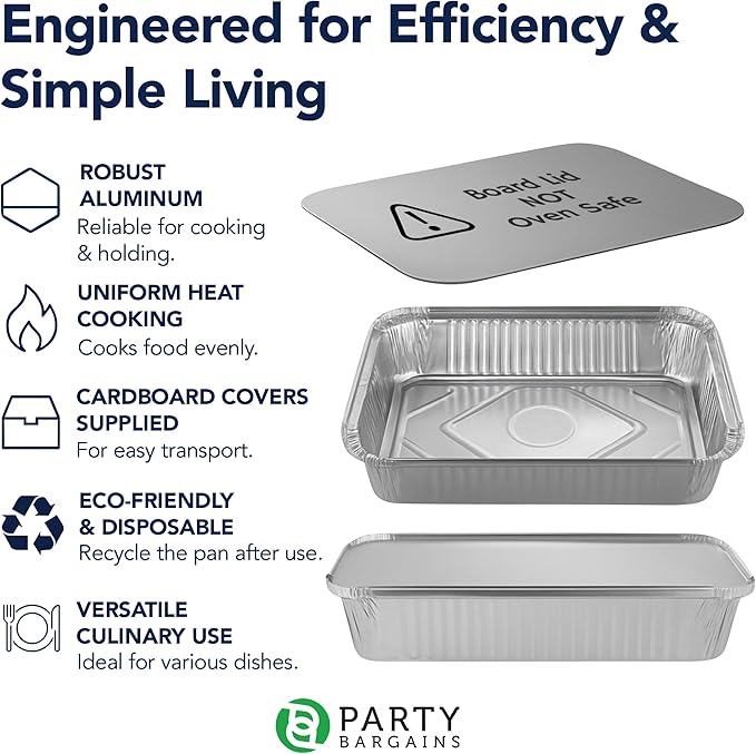 PARTY BARGAINS 4 lb Aluminum Pans with Board Lids, 50 Pack – 12 x 8 in Disposable Foil Roasting & Steam Table Pans for Catering, Takeout, Meal Prep, Oven Safe up to 240°C