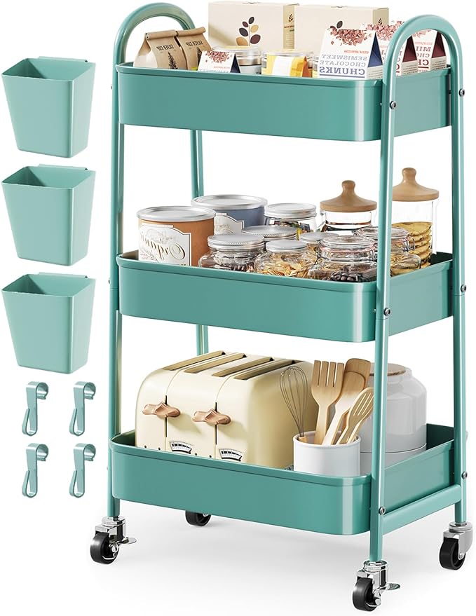 Green 3 Tier Rolling Cart Metal with Lockable Wheels, Three Tiered Craft Cart Organizer on wheels, Utility Storage Carts for Art, Baby Supplies, Diaper Caddy, Snack, Pantry, Nail, Lash, Cleaning