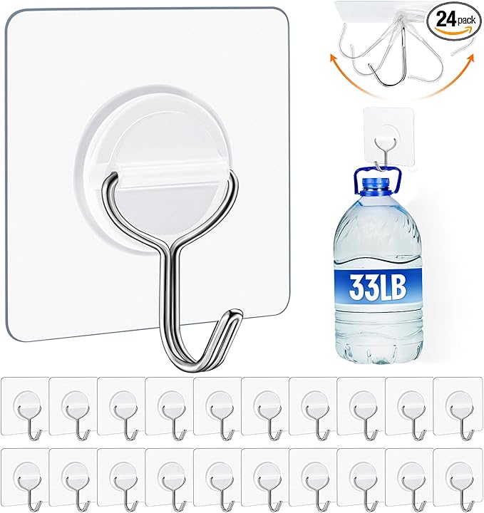 Adhesive Wall Hooks for Hanging Heavy Duty 33lb(Max), Waterproof and Rustproof Transparent Self Adhesive Hooks for Bathroom Kitchen Outdoor and Home Improvement -24 Pack