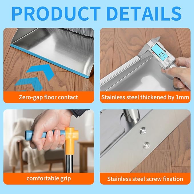 Metal Dustpan with Broom Combo Set, Heavy Duty 304 Stainless Steel 1mm Thick Dust Pan Supports Adult Weight, Long Handle Self-Standing Upright Broom for Home Kitchen Garage Cleaning