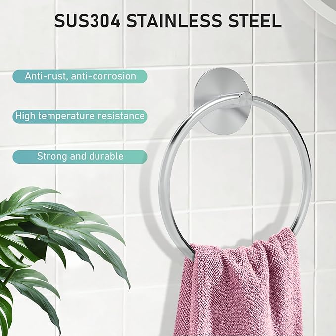 SetSail Adhesive Towel Holder for Bathroom Wall Brushed Nickel Hand Towel Ring Stainless Steel Towel Hanger for Bathroom 2 Packs