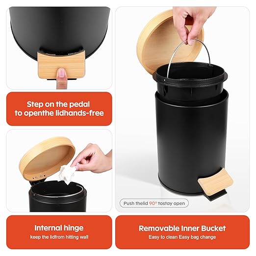 Small Bathroom Trash Can with Natural Bamboo Lid Soft Close，3 Liter / 0.8 GallonStainless Steel Garbage Can with Removable Inner Bucket andStep Pedal（Black）