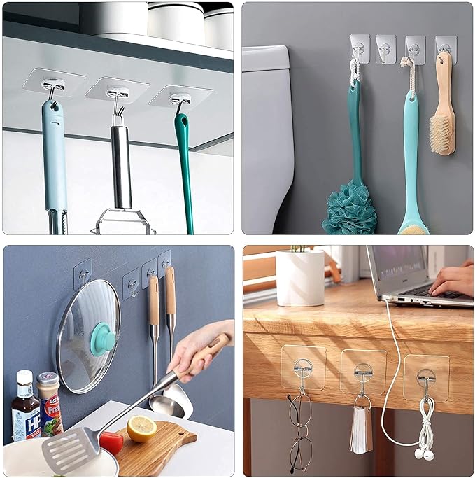 Adhesive Hooks Removable Wall Hooks 13 LB Ceiling Hook Transparent Seamless Waterproof and Oil Proof for Cabinet Kitchen Bathroom Ceiling Office Window 10 Pack