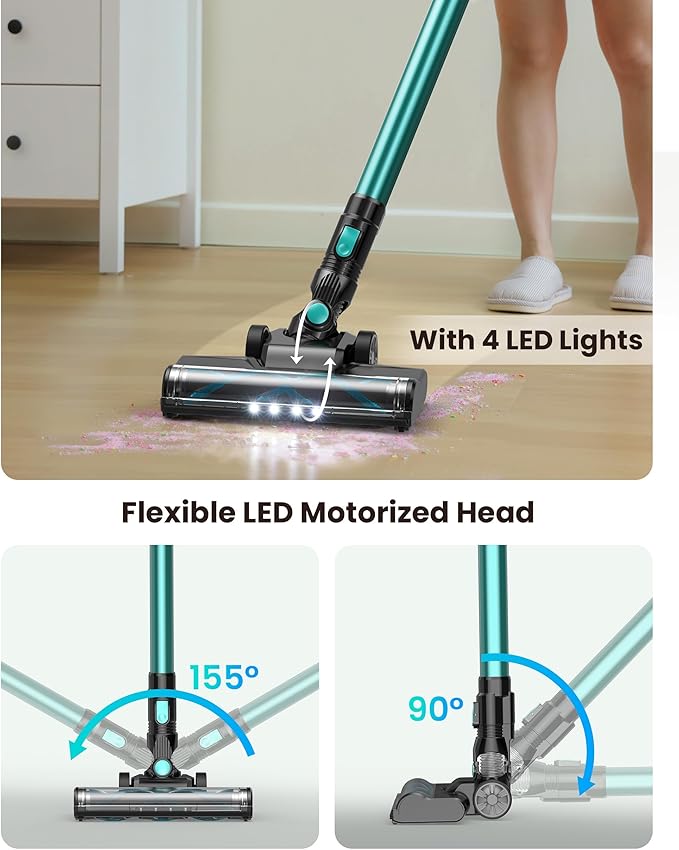 N3T Cordless Vacuum Cleaner,Wireless Stick Vacuum with 40mins Runtime,Self-Standing,Anti-Tangle Brush,Rechargeable Lightweight Vacuum Cleaner for Home,Hardwood Floor,Pet Hair, Carpet-Cyan Green