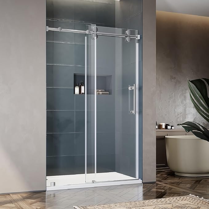 50-55 Inch x 80 Inch Sliding Frameless Shower Door, 3/8" Tempered Glass with Easy-Cleaning Coating, Stainless Steel Rollers & SGCC-Certified Stability, Bright Chrome