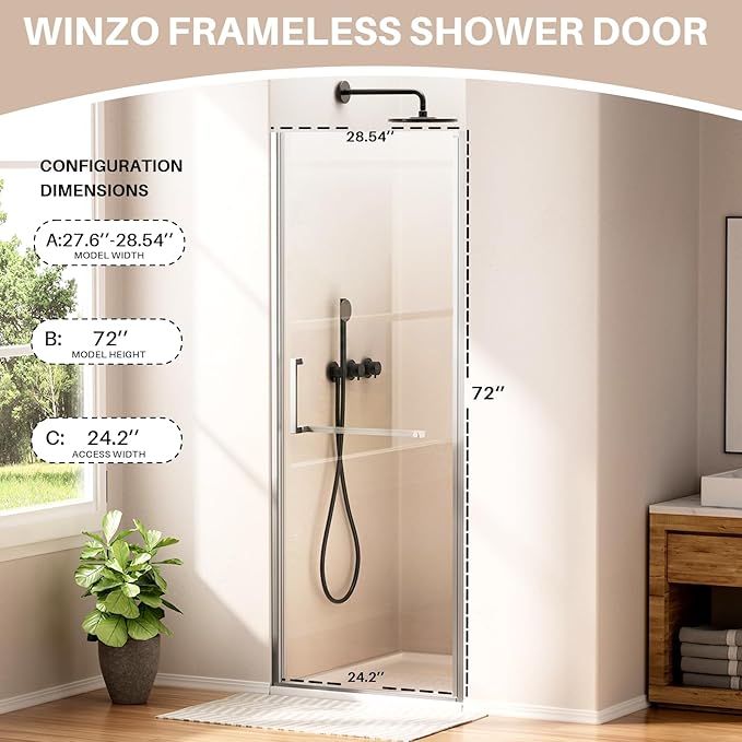 WinZo 27-28" W ×72" H Frameless Pivot Shower Door, Pivot Swing Shower Glass Doors with 1/4"(6mm) SGCC Clear Tempered Glass,Explosion-Proof Film, Reversible Installation, Brushed Nickel