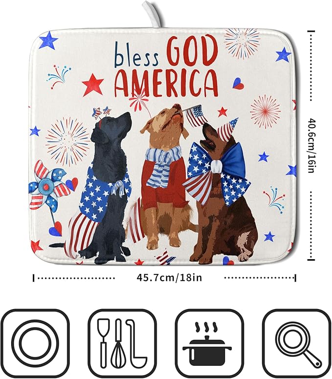 Giwawa 4th of July Patriotic Dogs Dish Drying Mat American Independence Day Dish Dry Pad 16"x18" Absorbent Dishes Drainer Mat for Kitchen Counter