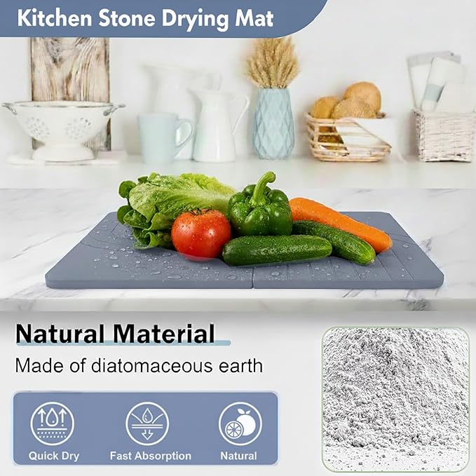 Stone Drying Mat for Kitchen Counter with 5 Wooden Feet, Dark Gary 19.7"×14.7" Diatomaceous Earth Dish Drying Mat, Elevated Drying Stone Mat for Modern Kitchen Countertop (Light Gray, Small)