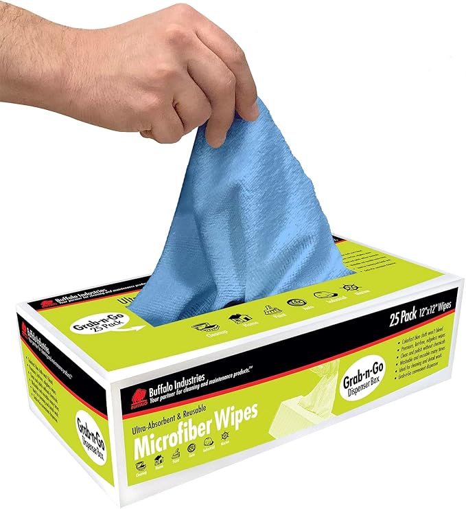 Buffalo 65102 Microfiber Cloths Economy Cleaning Cloths, Dispenser Wipes Box, Blue,12" x 12", 25-Pack