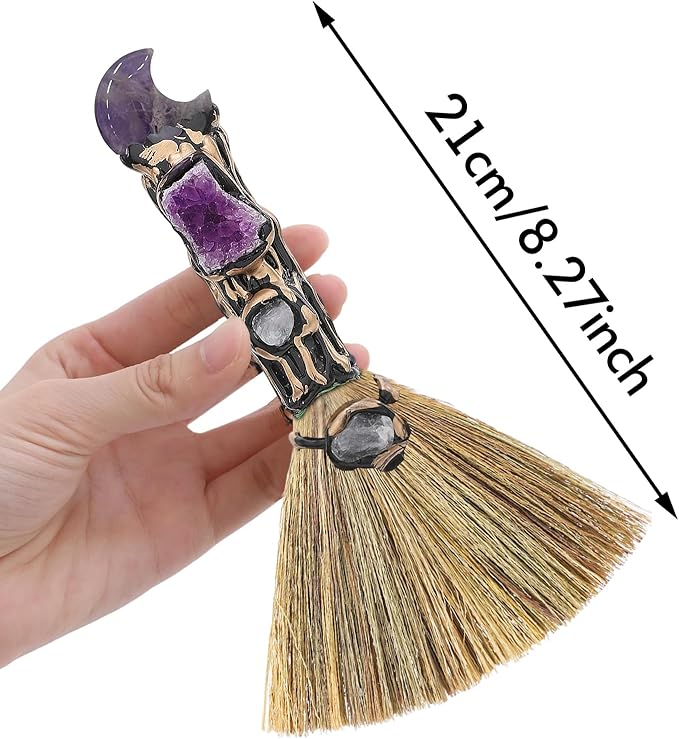 Crystal Witch Altar Broom - Witchcraft Supplies with Moon Design Amethyst Wiccan Stuff Magic Broomstick with Natural Healing Crystals Pagan Fengshui Reiki Energy Clearing Gift