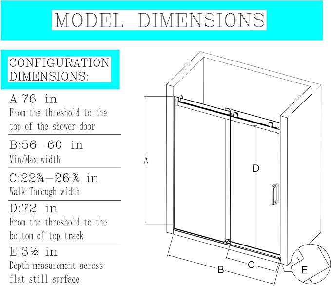 56-60" W x 76" H Frameless Single Sliding Glass Shower Doors Soft-Close with Buffer, Reversible Installation and 3/8"(10mm) ANSI Clear Tempered Glass, Brushed Nickel Finish