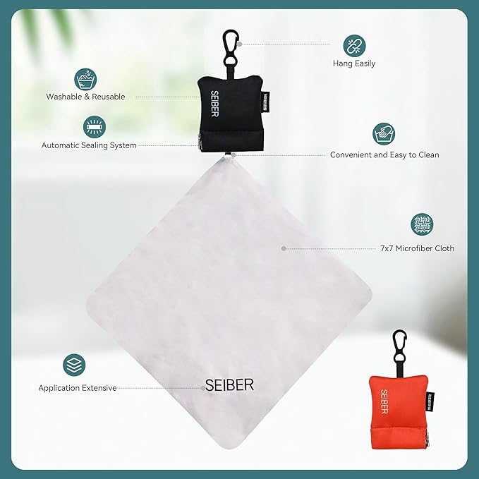 SEIBER Eyeglass Cleaning Microfiber Cloth - with Neoprene Pouch | 7 x 7 inch Glasses Cleaning Cloth for Sunglasses,Laptops, Cameras,Screen | Self-Closing Bottom(2PCS,BK OR)