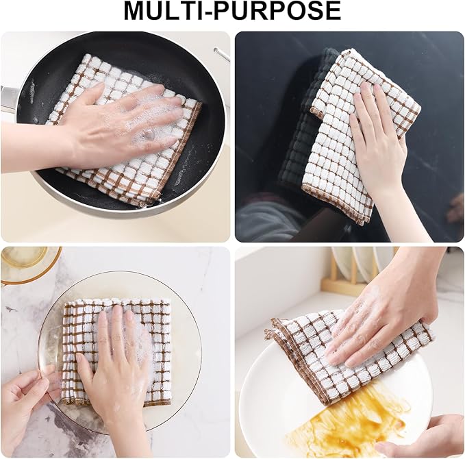 Kitinjoy Cotton 8 Pack Terry Kitchen Dish Cloths, 12 x 12 Inches Super Soft and Absorbent Dish Rags, Quick Drying Dish Towels for Washing Dishes, Brown