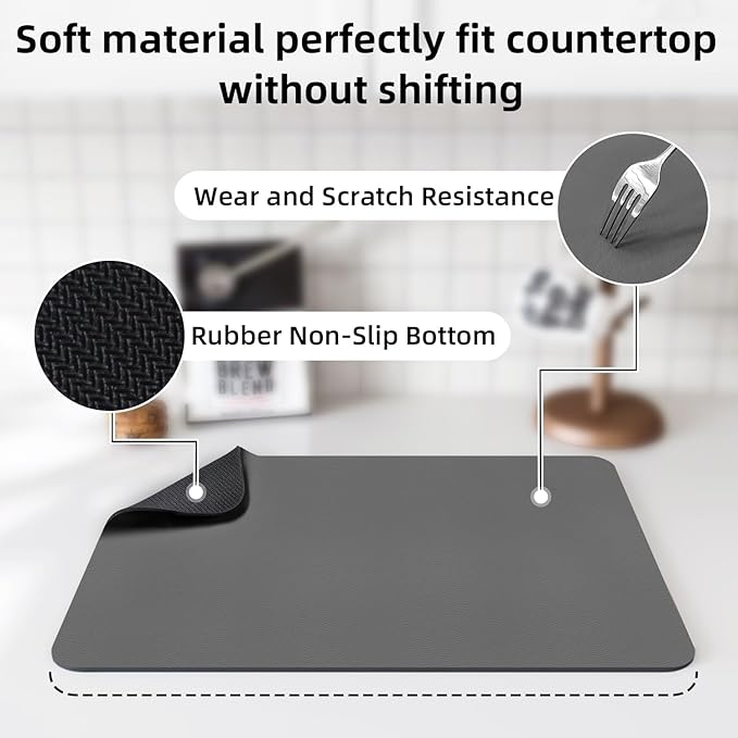 LOPNUR Kitchen Dish Drying Mat, 18"x16" Small Dish Drying Mats for Kitchen Counter, Super Absorbent Dish Drying Pad, Diatomite Coffee Mat Heat Resistant Mat with Anti-slip Rubber Backed, Grey