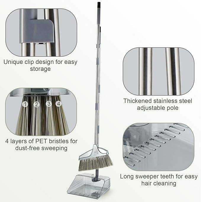 Broom with Dustpan Combo Set, Broom and Dustpan Set with Long Handle, Kitchen Broom for Sweeping Indoor Outdoor, Standing Dust Pan and Brush Broom Set for Home Office Lobby Floor Cleaning, Grey