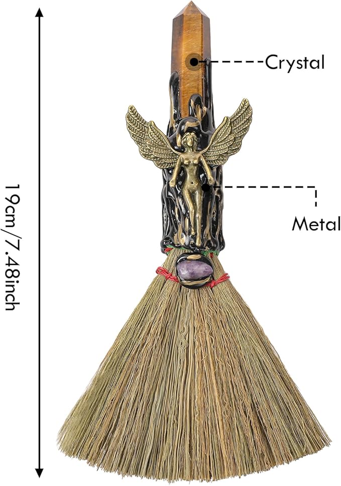 Witch Broom Witchcraft Supplies - Altar Supplies with Tiger Eye Stone Wiccan Stuff Goddess Magic Broomstick with Natural Healing Crystals Hexagonal Points Pagan Reiki Energy Clearing Decor