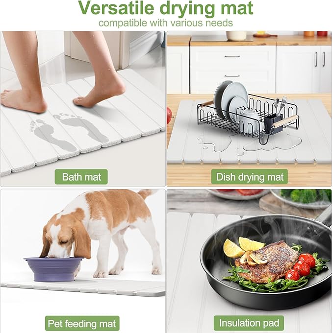 Upgraded Stone Dish Drying Mat Quick Dry Leakproof, 24x16 Large Drying Matt Kitchen Counter Decor, Collapsible Dish Mat Drying Kitchen Mat, Diatomaceous Earth Stone Bath Mat for Bathroom RV Essentials