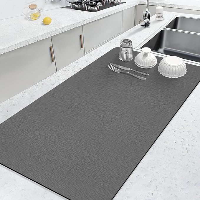 LOPNUR Kitchen Dish Drying Mat, 31.5"x17" Extra Large Dish Drying Mats for Kitchen Counter, Super Absorbent Dish Drying Pad, Diatomite Coffee Mat Heat Resistant Mat with Anti-slip Rubber Backed, Grey