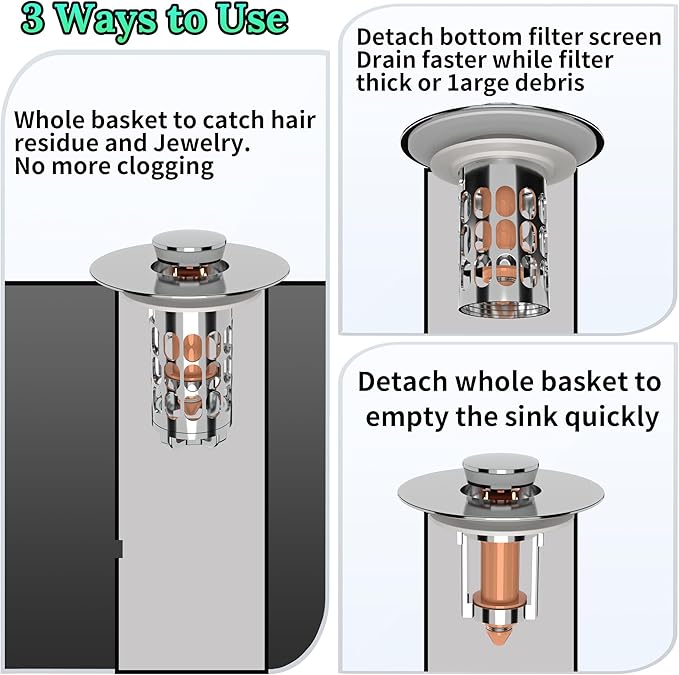 Bathroom Sink Stopper Drain Hair Catcher,3 in 1 Bathroom Sink Drain Strainer with Anti-Clogging Filter Basket,Sink Stopper Bathroom Drain for 1.06"~1.61" Drain Hole 2 PCS(Silver Chrome)
