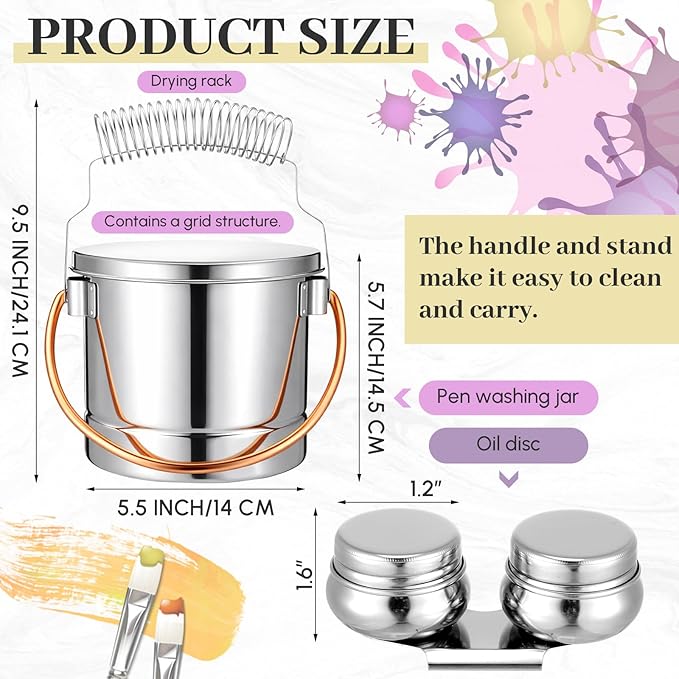 Skybooly 2 Pcs Paint Brush Cleaner Set Stainless Steel Double Dipper Palette Cup Paint Brush Portable Washer Holder for Oil Cleaner Kits(Straight Shape,Jumbo)