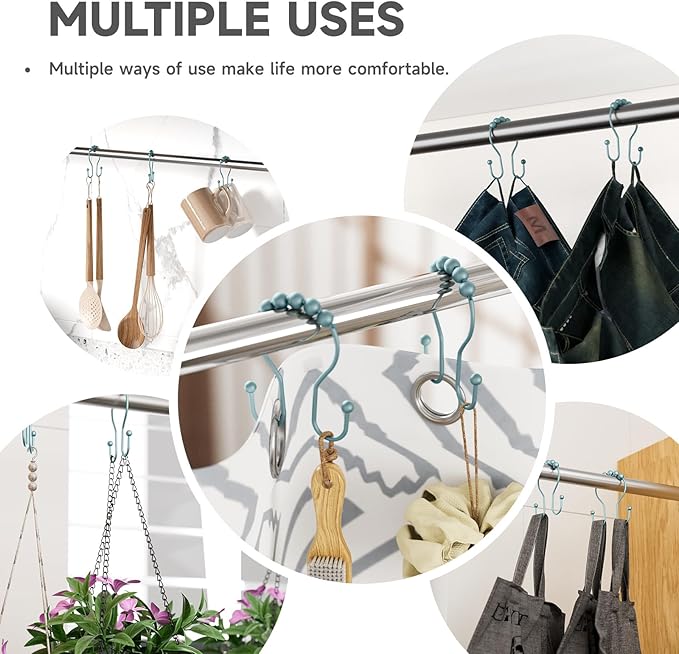 Shower Curtain Hooks, Shower Curtain Rings Rust Proof Double Hook Shower Curtain Hooks, 12 Pcs Shower Hooks for Shower Curtain, Shower Rings for Curtain, Metal Shower Rod Hooks Lightcyan