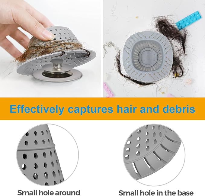Silicone Shower Drain Hair Catcher for Bathtub - Fits Over Pop-Up Drain Stopper & Flat Drains Easy to Clean (Grey)