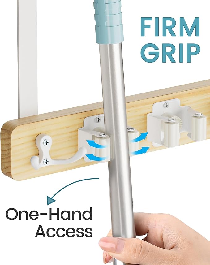 HULISEN Broom Holder Door Mount, Over the Door Broom and Mop Holder with 0.6" Thick Pads, Wood Mop Organizer Tool Hanger with 4 Racks & 2 Hooks for Laundry Cabinet Kitchen Garage, No Drills