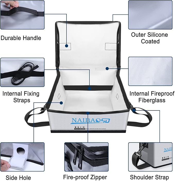 Fireproof Explosionproof Lipo Battery Bag for Lipo Battery Storage and Charging, Large Capacity Fire Resistant Detachable Shoulder Strap with Double Metal Zipper (11 x 8 x 6.5 in)
