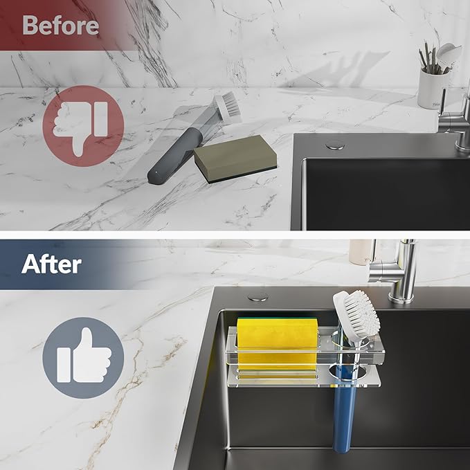 NiHome Acrylic Sponge Holder for Kitchen Sink, Compatible with Scrub Daddy Holder, Sink Caddy Kitchen Organizer with Suction Cups & Adhesive Mounting for Sponge, Soap, Dish Brush, Scrubber