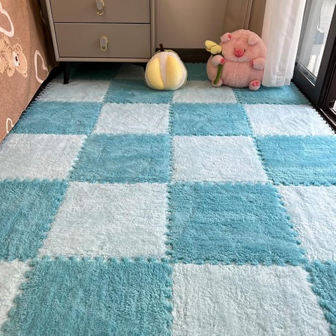12Pcs Interlocking Carpet Tiles,12"x 12" Plush Interlocking Foam Carpet Tile with Border,Fluffy Play Mat Floor Tiles Thick Padded Squares Foam Tile for Playroom Decor (Light Blue+Dark Blue)