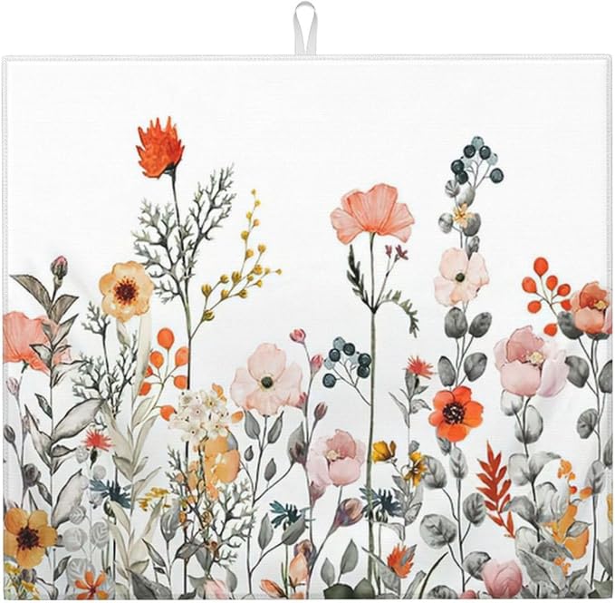 Colorful Wildflowers Dish Drying Mat 16x18 inches Microfiber Absorbent Fast Dry Mat for Kitchen Counter Coffee Bar Floral Large Drying Mat Kitchen Decor Gifts (Wildflowers, 16x18 inches)