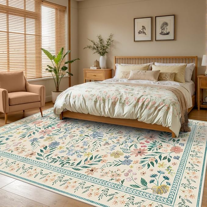 Floral Rug for Living Room Bedroom, 8x10 Area Rugs, Green Vintage Boho Washable Rug, Large Non Slip Low Pile Wool Carpet for Indoor Dining Room,Girls Room,Nursery Room and Kids Room