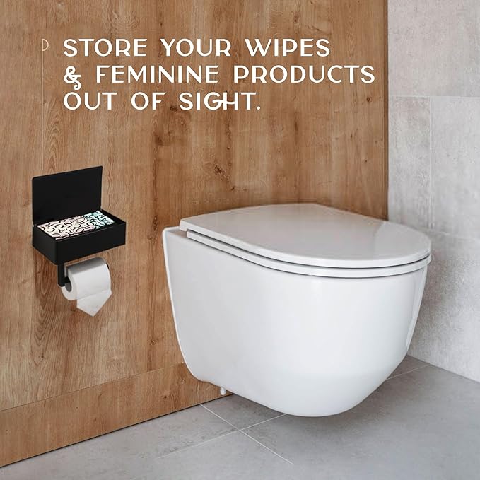 Day Moon™ Matte Black Toilet Paper Holder with Shelf, Wipe Holder for Bathroom Flushable Wipes Dispenser Toilet Paper and Wipes Holder Toilet Paper Holder with Storage