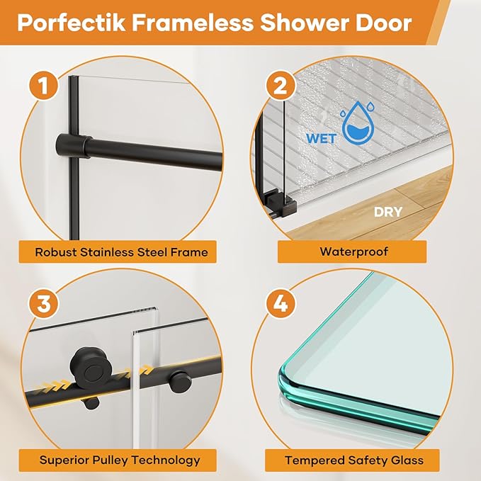Zenith Shower Door,60 in W x 74 in H Frameless Shower Door with Handle and Seal Strip for Waterproof, 8mm Thickness Glass with Anti Explosion Film and SGCC Certificate Black