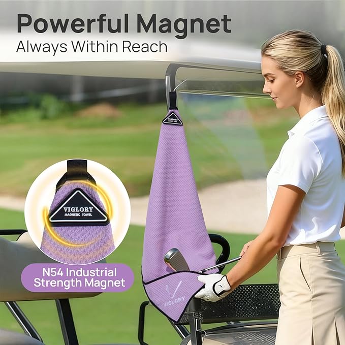 Magnetic Golf Towel for Bag 18" x 18" with Clip Exclusive Cleaning Pocket Microfiber Waffle Ultra Absorbent Club Ball Cleaner, Essential Golf Accessories and Gifts for Men Women(Purple 1 Pack)