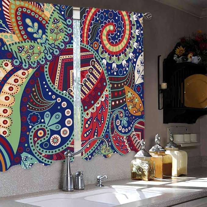 Ethnic Pattern Kitchen Curtains Paisley Lndia Abstract Floral Exotic Ornate Flourish Artistic Short Tier Curtains for Bathroom Cafe Small Window Drapes Treatment 2 Panels (27.5x39 Inch)