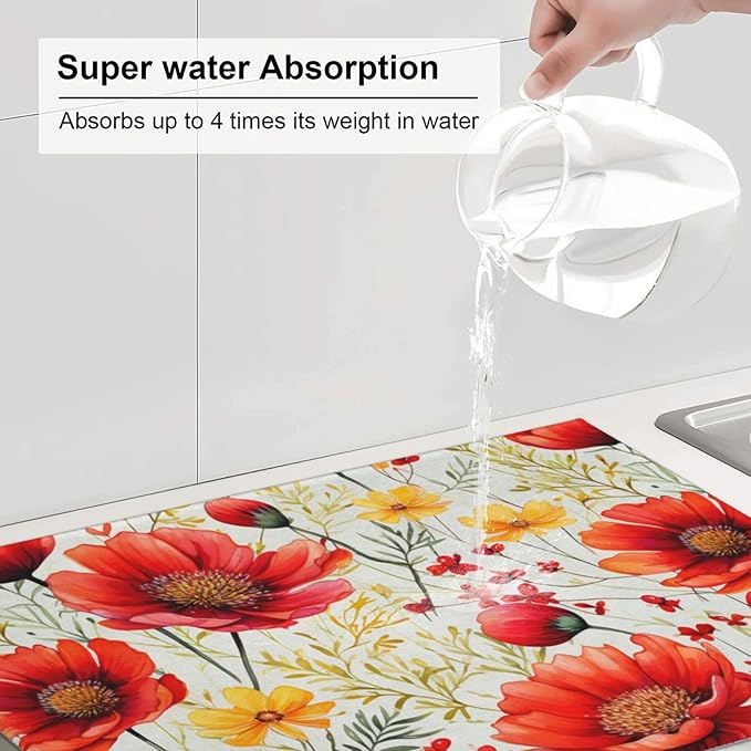 Watercolor Poppy Flower Dish Drying Mat For Kitchen Counter Absorbent Large Kitchen Fast Dry Pad Reusable Washable Protector Rack Large Mat 18 X 24