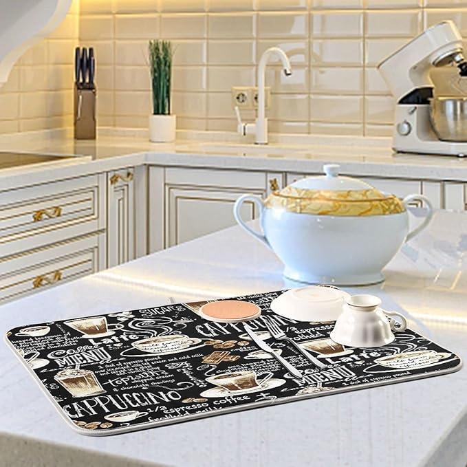 Coffee Black Dish Drying Mat for Kitchen Coffee Beans Maker Cappuccino Latte Chocolate Microfiber Drying Mats Absorbent Reversible Dish Pad Medium Dish Draining Mat 16x18 inch