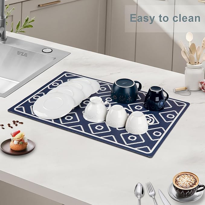 SUEH DESIGN Dish Drying Mat, Absorbent Coffee Mat 19.6 x 11.8 in Quick Dry Drying Mats Large Coffee Mat for Coffee Bar Kitchen Countertop, Dark Blue