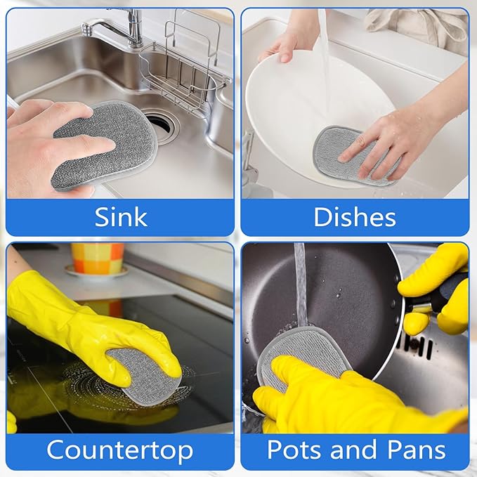 6 Pack Dual-Sided Sponges Kitchen, Non Scratch Microfiber Dish Sponge All Purpose Dish Washing Scrubber for Cleaning Non-Stick Cookware Dishes Kitchen Pots Pans Sink Household(Grey)