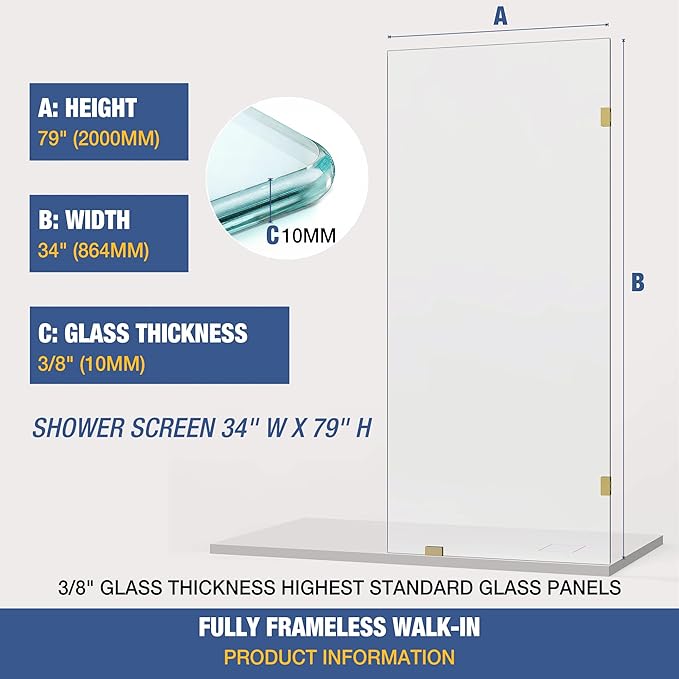 Shower Glass Panel 34" x 79" Easy-to-Clean Treated, 3/8" Tempered Glass Shower Screen, Frameless Shower Door for Walk In Bathroom, Brushed Gold