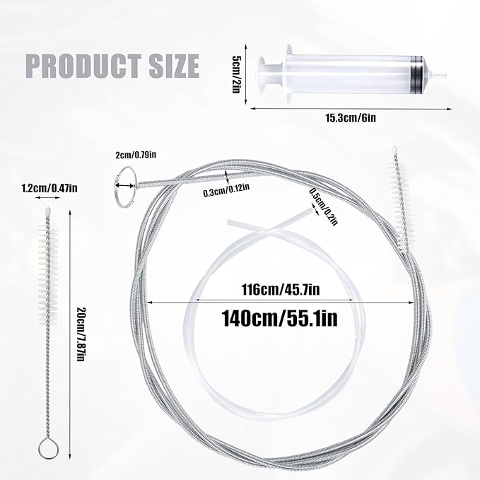 Auto Sunroof Drain Cleaning Tool Kit, 55.1in Long Pipe Cleaners with Tube Cleaning Brush Syringe Hose Syringe Flexible Soft Drain Brush for Car Sunroof Trunk Wiper Hole (Spring Type)