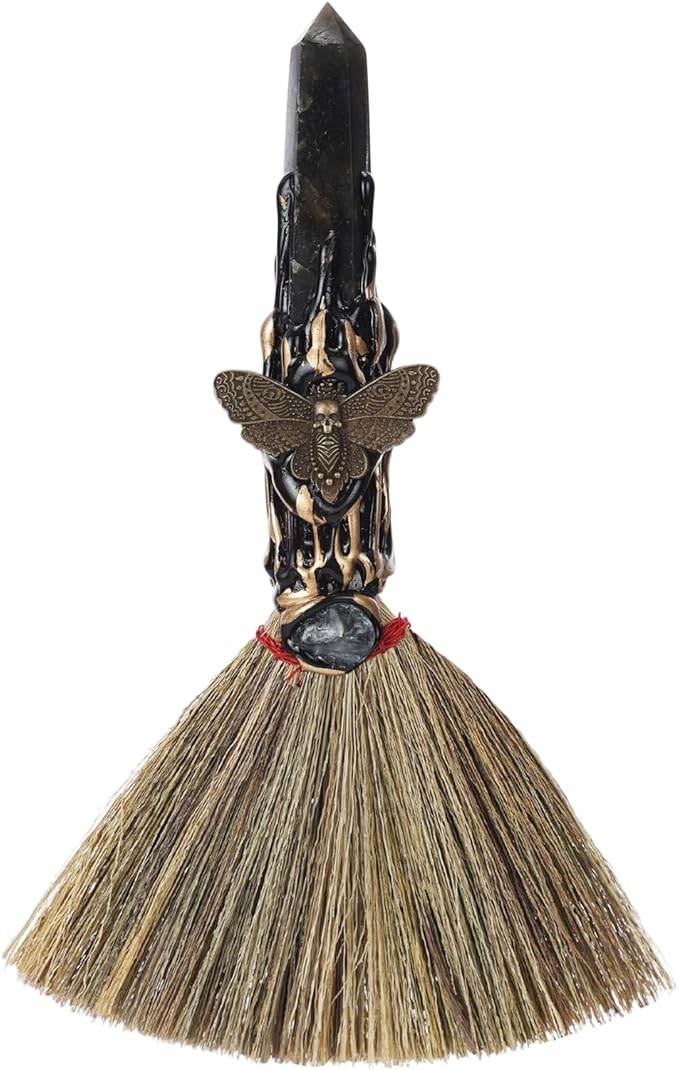 Labradorite Witch Altar Broom - Wiccan Stuff Witchcraft Supplies Moth Mini Magic Broomstick with Natural Healing Crystals Hexagonal Points Pagan Reiki Fengshui Energy Clearing Gift